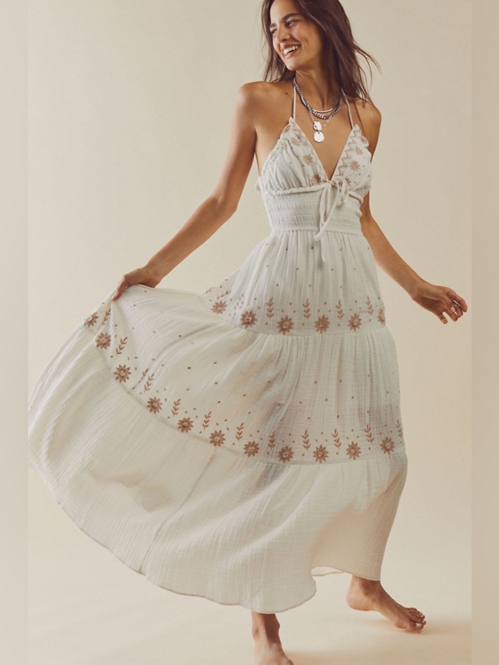 Free People Real Love Embroidered Maxi Dress in Ivory - S